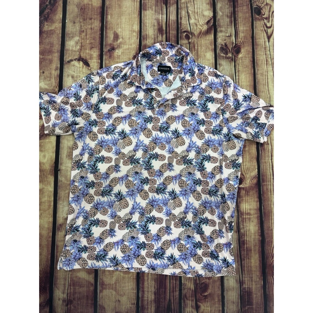 CHASE54 Men's XL White Pineapple Print Short Sleeve Collared Polo